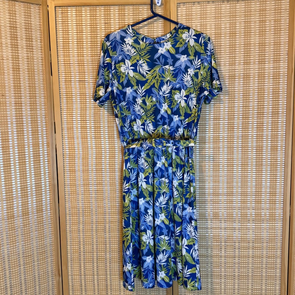 Anthony Richards Womens Tropical Floral‎ Midi Dress Blue Green Short Sleeve M